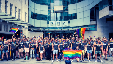 BBC staff with rainbow flags